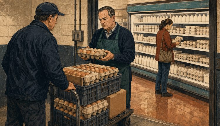 Цены на яйца: упаковки куриных яиц на полке продуктового магазина